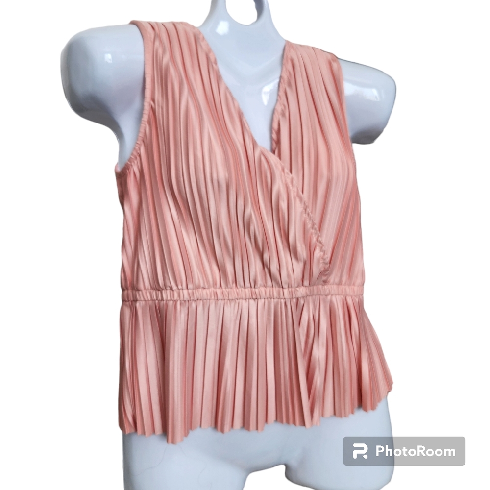 Japna Sleeveless Faux Wrap Peplum V-Neck Elastic Waist Pleat Detailed Blouse L
